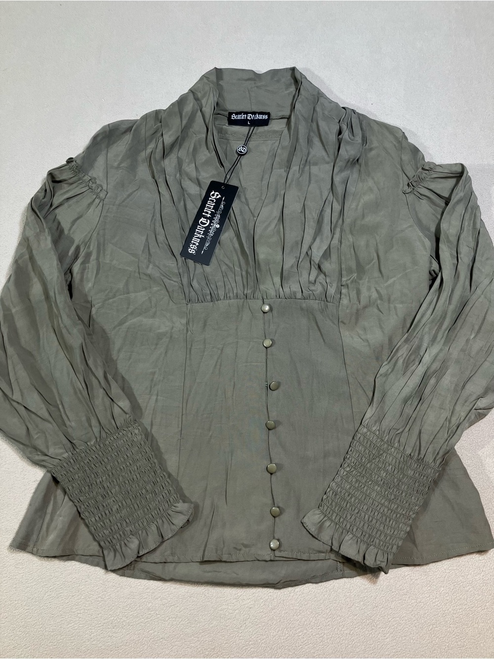 Scarlet Darkness Sage Green Renaissance Blouse Whimsygoth Smocked Cuff Top L NWT